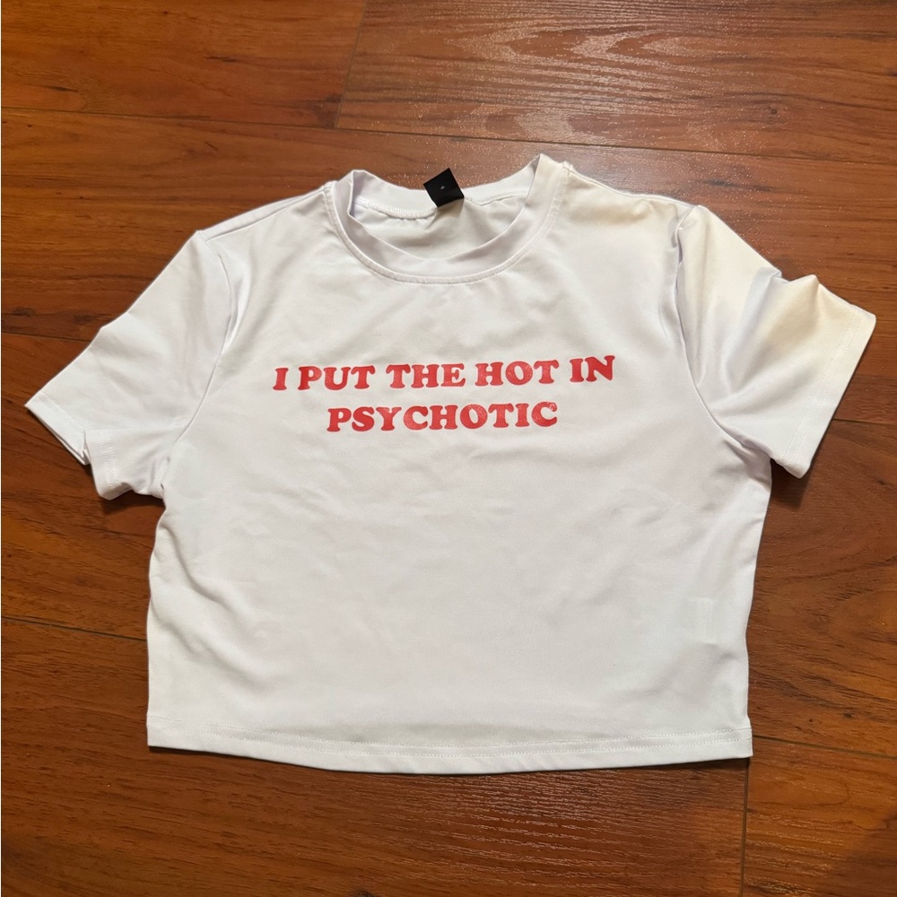 White T-Shirt with Red Graphic Text